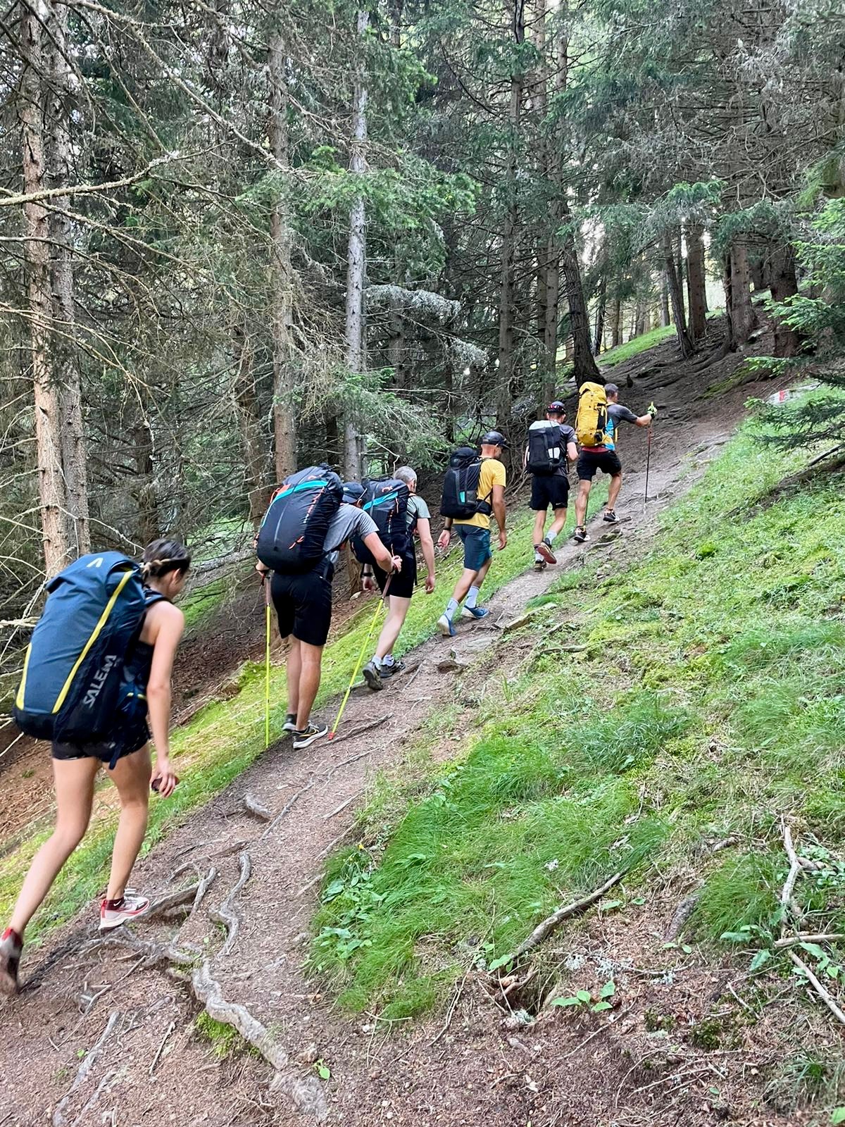 Gemeinsamer Aufstieg durch den Wald zum Startplatz